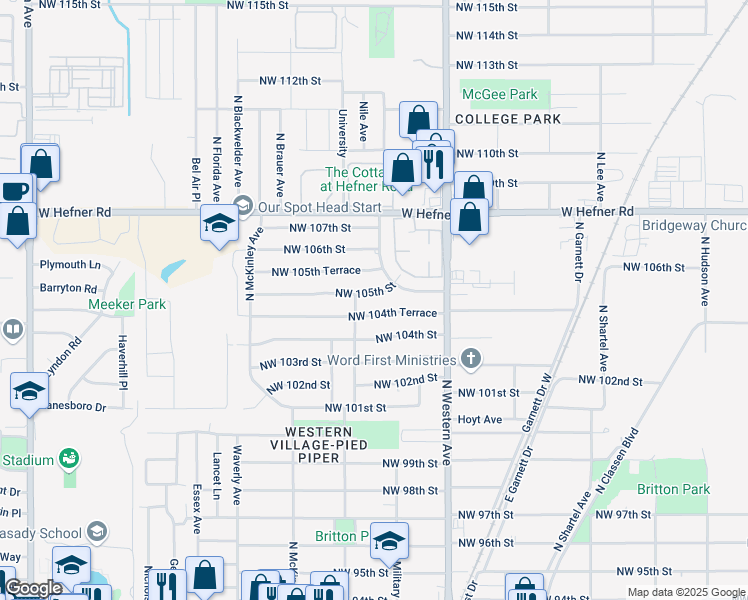 map of restaurants, bars, coffee shops, grocery stores, and more near 1220 NW 105th St in Oklahoma City