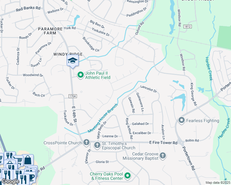 map of restaurants, bars, coffee shops, grocery stores, and more near 2104 Crooked Creek Road in Greenville