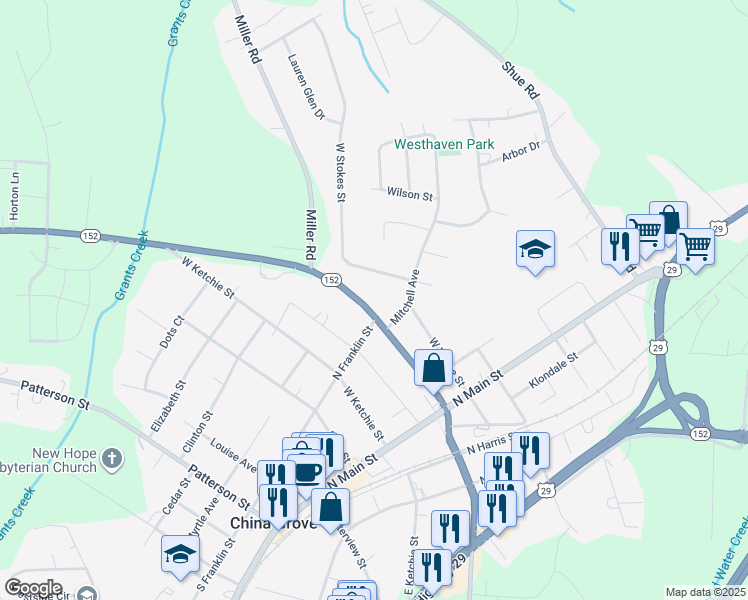 map of restaurants, bars, coffee shops, grocery stores, and more near 320 W Church St in China Grove
