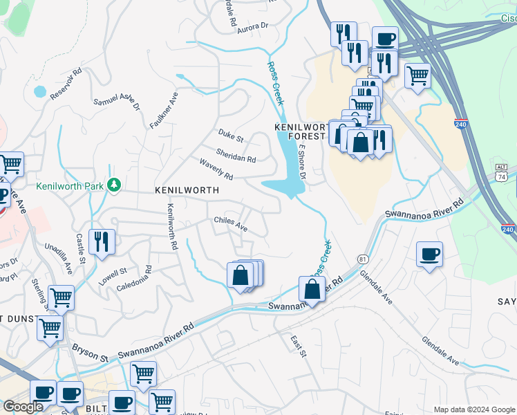 map of restaurants, bars, coffee shops, grocery stores, and more near 136 Lakewood Drive in Asheville