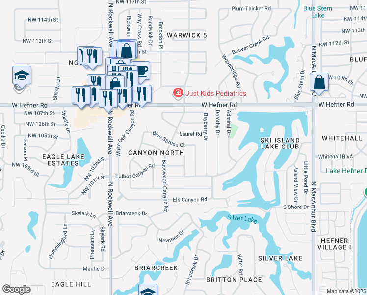 map of restaurants, bars, coffee shops, grocery stores, and more near 6620 Blue Spruce Court in Oklahoma City