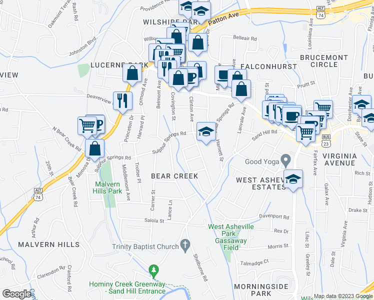 map of restaurants, bars, coffee shops, grocery stores, and more near 22 Lane Avenue in Asheville