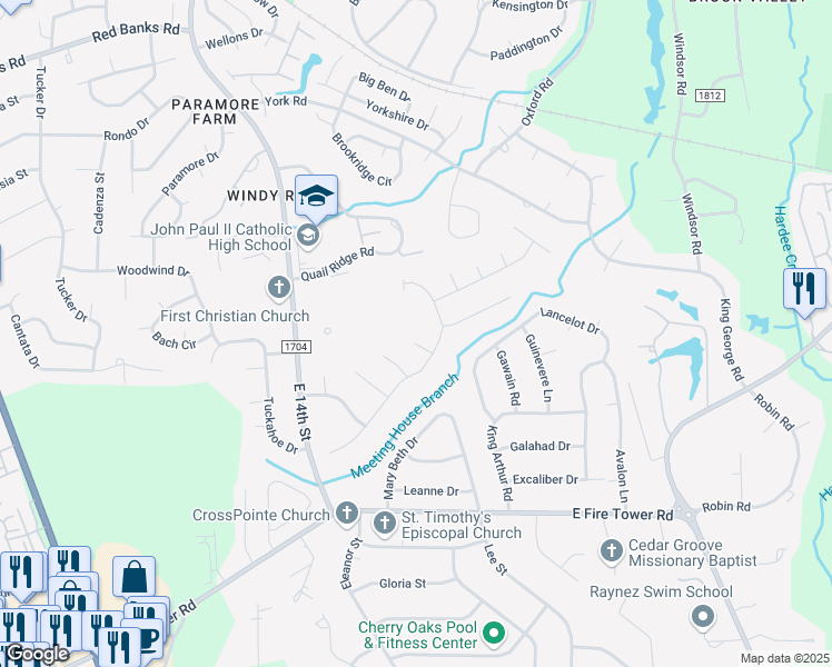 map of restaurants, bars, coffee shops, grocery stores, and more near 1801 Old Mill Court in Greenville