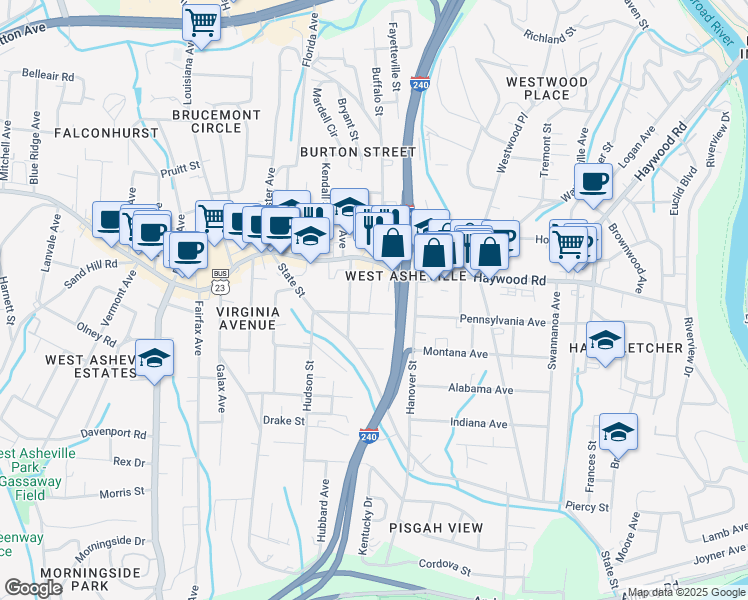 map of restaurants, bars, coffee shops, grocery stores, and more near 32 Parkman Place in Asheville