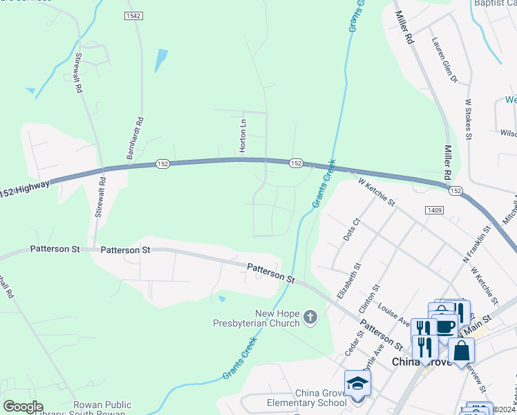 map of restaurants, bars, coffee shops, grocery stores, and more near 414 Berrybeth Circle in China Grove