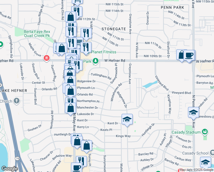 map of restaurants, bars, coffee shops, grocery stores, and more near 2713 Plymouth Lane in The Village