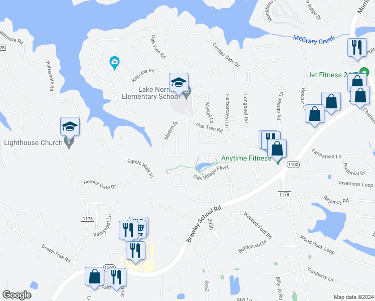 map of restaurants, bars, coffee shops, grocery stores, and more near 144 Vance Crescent Drive in Mooresville