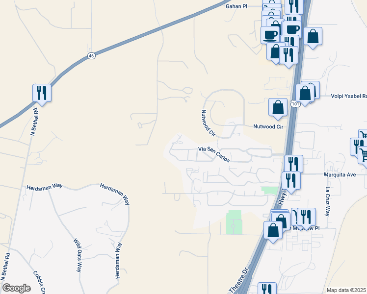 map of restaurants, bars, coffee shops, grocery stores, and more near 198 Via San Carlos in Paso Robles