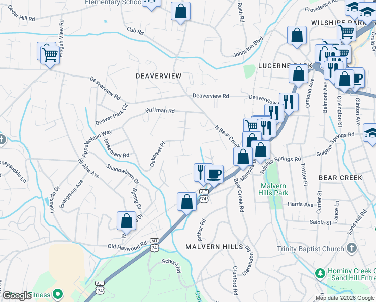 map of restaurants, bars, coffee shops, grocery stores, and more near 32 Oakcrest Drive in Asheville