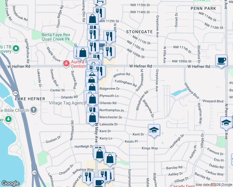 map of restaurants, bars, coffee shops, grocery stores, and more near 2737 Plymouth Lane in The Village