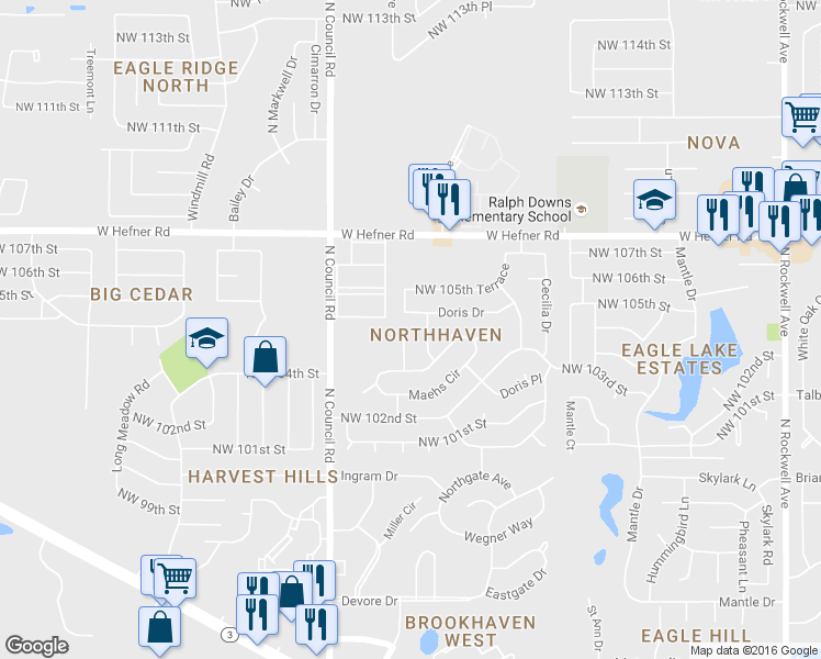 map of restaurants, bars, coffee shops, grocery stores, and more near 10420 Maehs Place in Oklahoma City