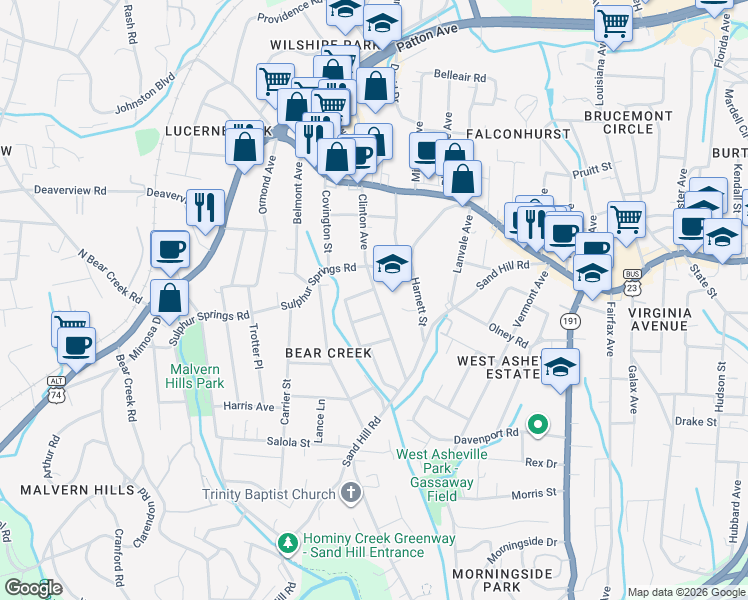 map of restaurants, bars, coffee shops, grocery stores, and more near 119 Clinton Ave in Asheville