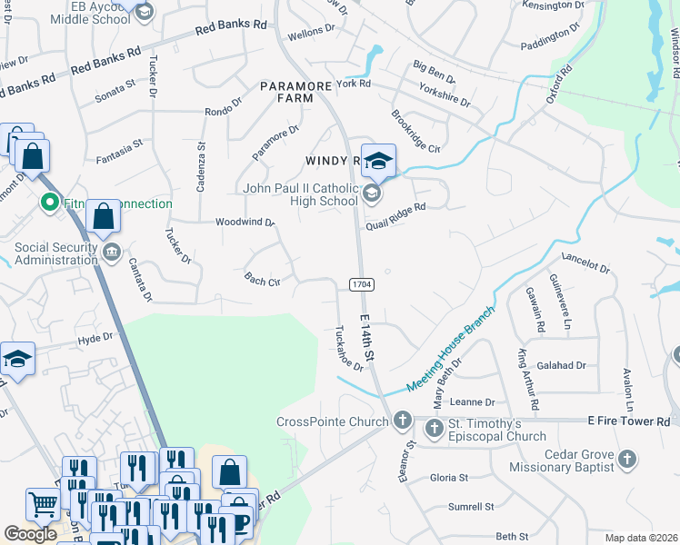 map of restaurants, bars, coffee shops, grocery stores, and more near 107 Tuckahoe Drive in Greenville