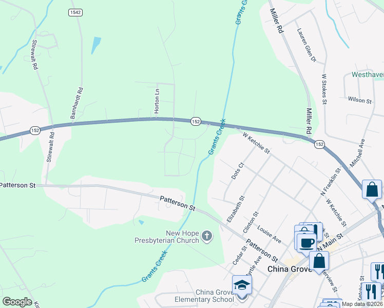map of restaurants, bars, coffee shops, grocery stores, and more near 201 Damsenberry Way in China Grove