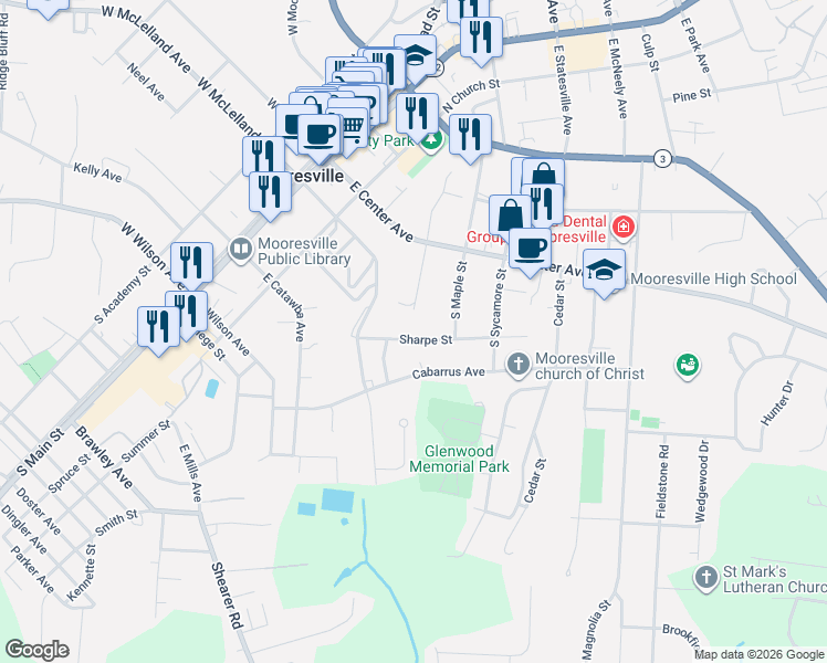 map of restaurants, bars, coffee shops, grocery stores, and more near 354 Sharpe Street in Mooresville