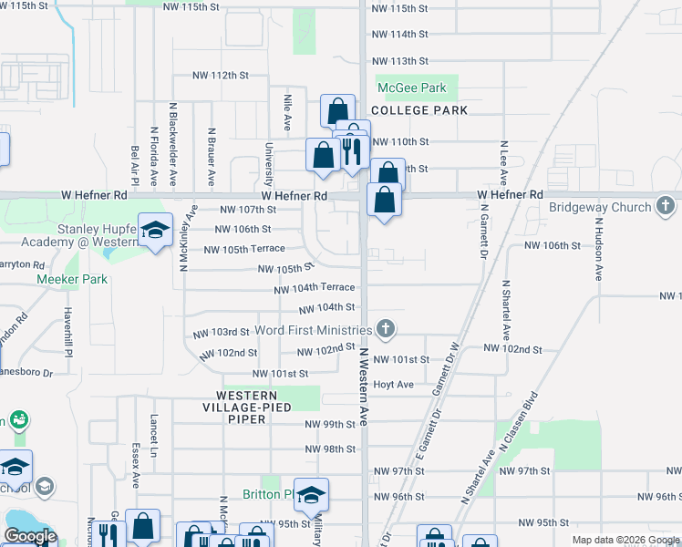 map of restaurants, bars, coffee shops, grocery stores, and more near 1124 Northwest 105th Street in Oklahoma City