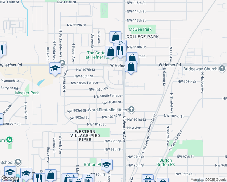 map of restaurants, bars, coffee shops, grocery stores, and more near 1124 Northwest 105th Street in Oklahoma City