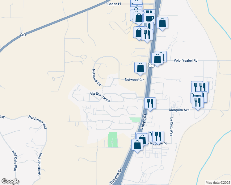 map of restaurants, bars, coffee shops, grocery stores, and more near 35 Via Santa Barbara in Paso Robles