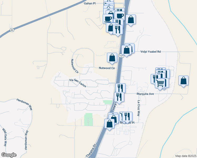 map of restaurants, bars, coffee shops, grocery stores, and more near 27 Via Santa Barbara in Paso Robles