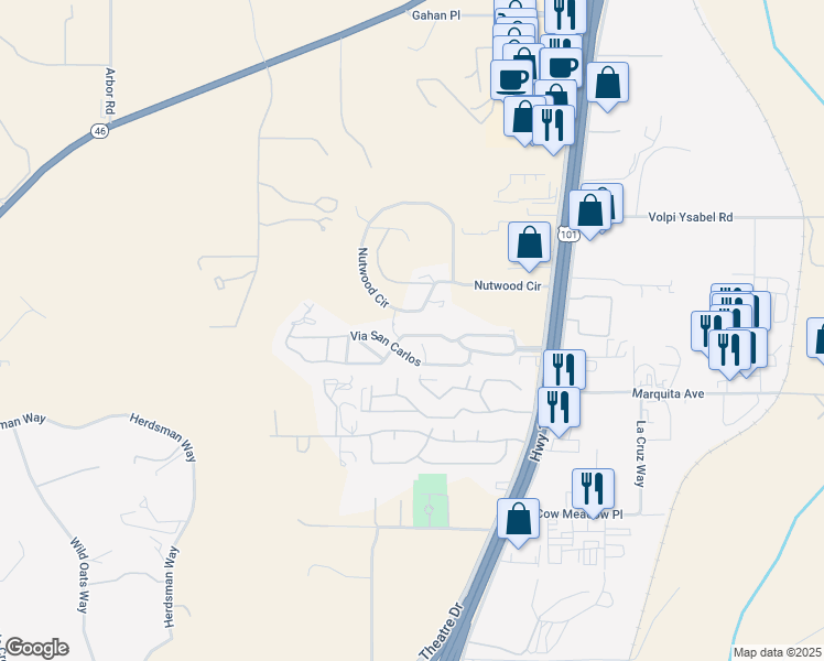 map of restaurants, bars, coffee shops, grocery stores, and more near 41 Via Santa Barbara in Paso Robles