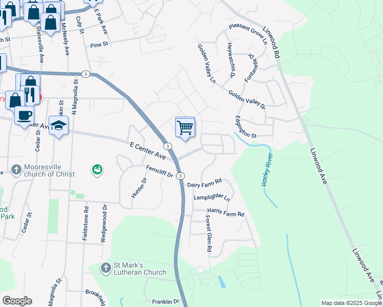 map of restaurants, bars, coffee shops, grocery stores, and more near Harris Crossing Boulevard in Mooresville