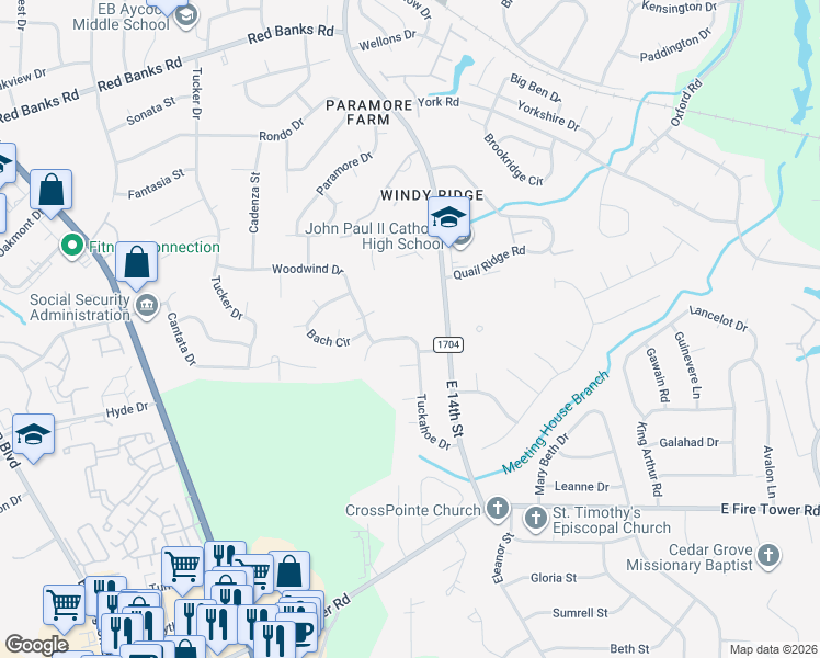 map of restaurants, bars, coffee shops, grocery stores, and more near 107 Tuckahoe Drive in Greenville