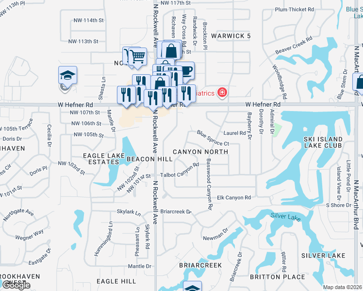 map of restaurants, bars, coffee shops, grocery stores, and more near 10505 Fawn Canyon Drive in Oklahoma City