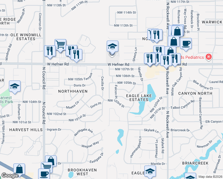 map of restaurants, bars, coffee shops, grocery stores, and more near 10417 Condor Terrace in Oklahoma City