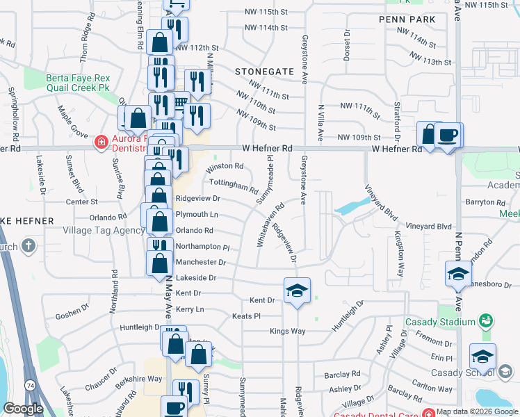 map of restaurants, bars, coffee shops, grocery stores, and more near 10700 Sunnymeade Place in The Village