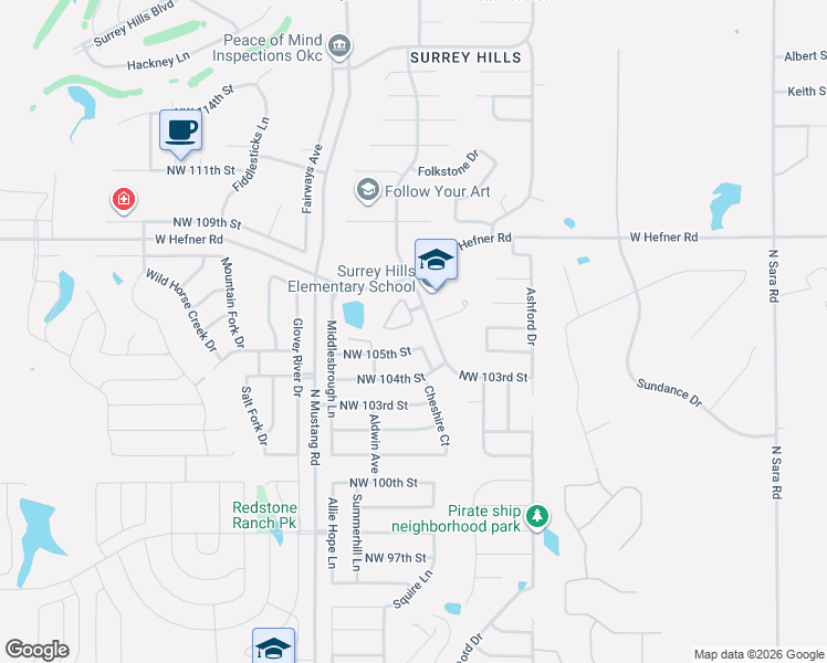 map of restaurants, bars, coffee shops, grocery stores, and more near 11212 Northwest 106th Street in Yukon