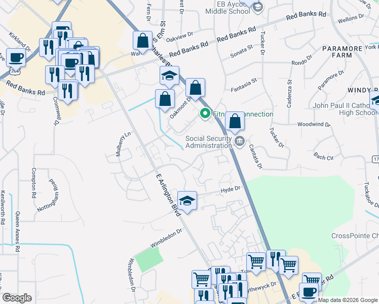 map of restaurants, bars, coffee shops, grocery stores, and more near 2712 Townes Drive in Greenville