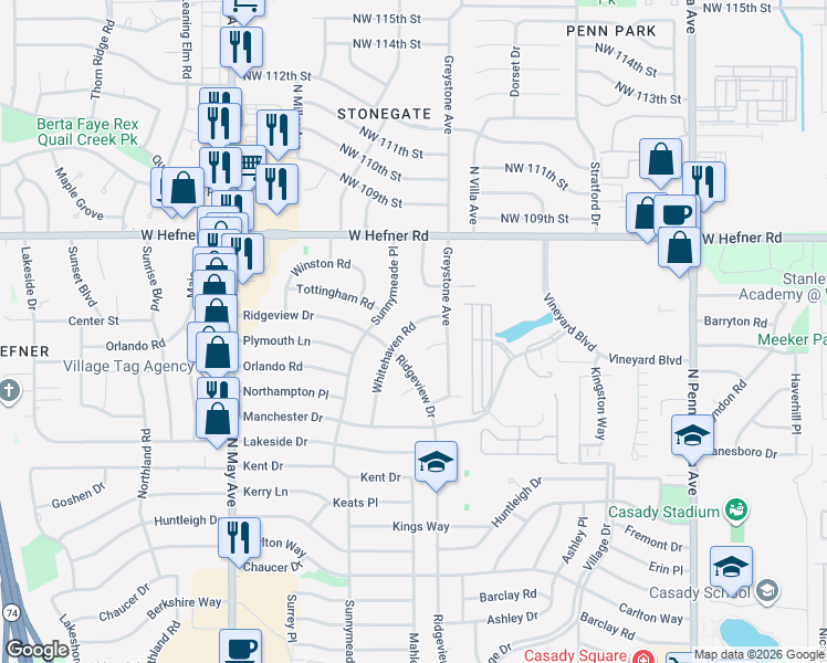 map of restaurants, bars, coffee shops, grocery stores, and more near 10716 Whitehaven Road in The Village