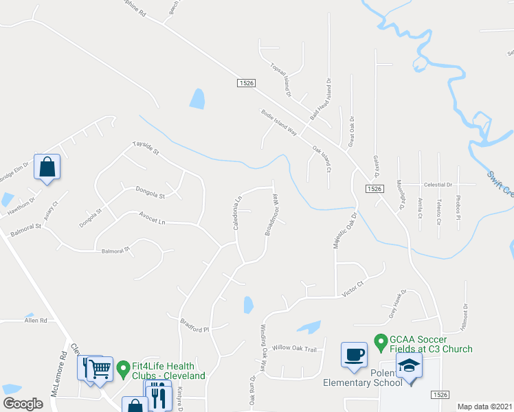 map of restaurants, bars, coffee shops, grocery stores, and more near 65 Braemar Circle in Clayton