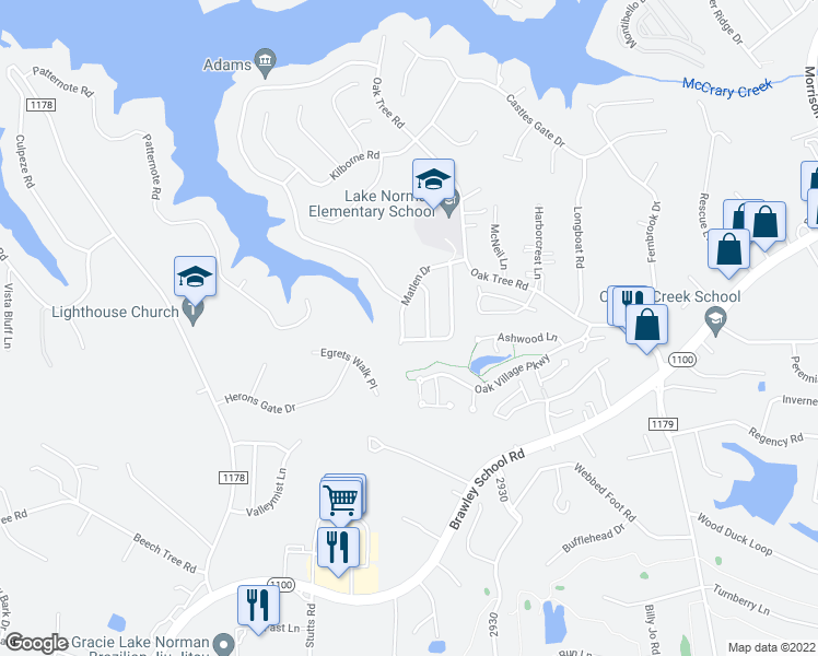 map of restaurants, bars, coffee shops, grocery stores, and more near 161 Matlen Drive in Mooresville