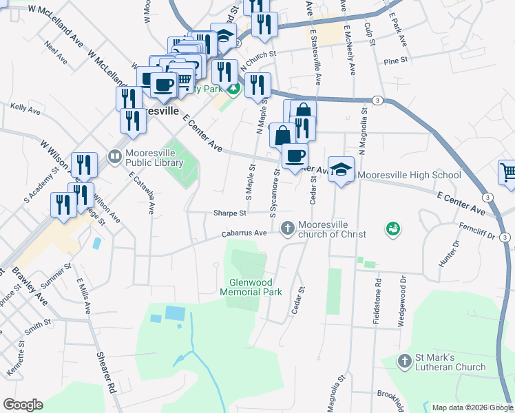 map of restaurants, bars, coffee shops, grocery stores, and more near 388 Sharpe Street in Mooresville
