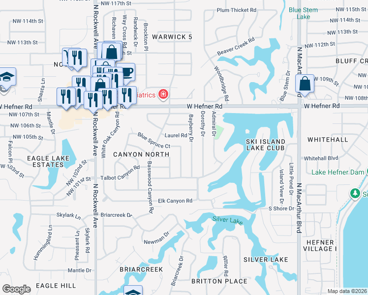 map of restaurants, bars, coffee shops, grocery stores, and more near 10509 Bayberry Drive in Oklahoma City