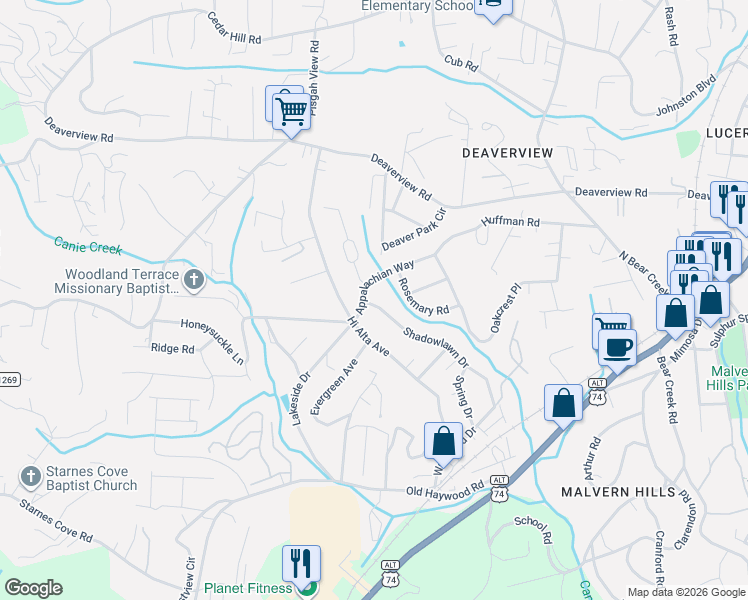 map of restaurants, bars, coffee shops, grocery stores, and more near 143 Shadowlawn Drive in Asheville