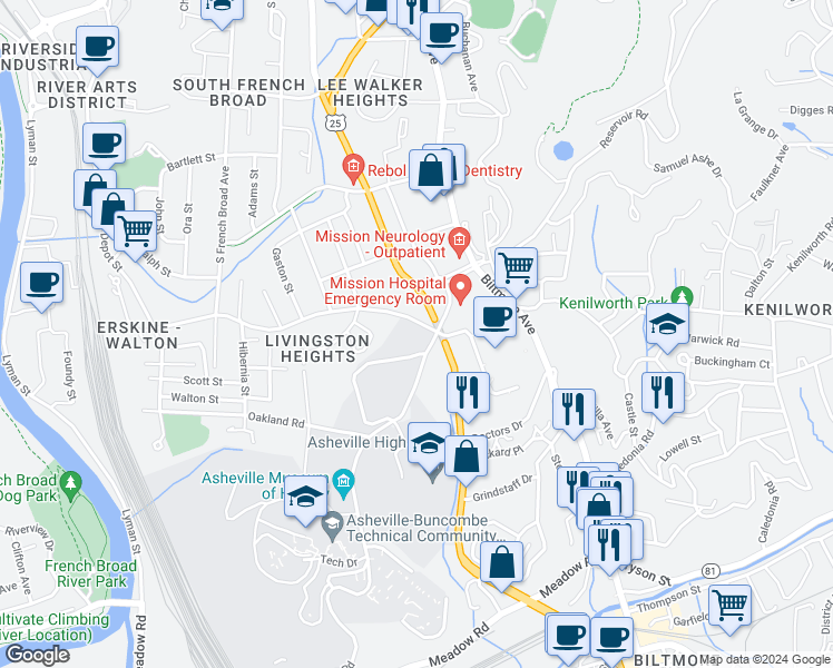 map of restaurants, bars, coffee shops, grocery stores, and more near 91 Victoria Rd in Asheville