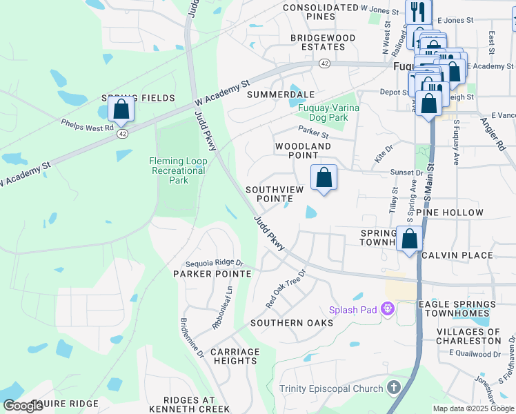 map of restaurants, bars, coffee shops, grocery stores, and more near 660 Smith Ridge Way in Fuquay Varina