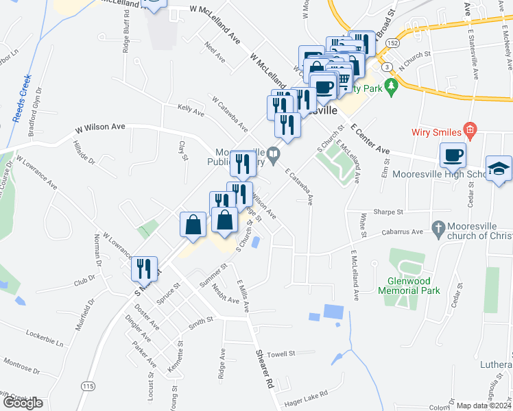 map of restaurants, bars, coffee shops, grocery stores, and more near 402 South Church Street in Mooresville