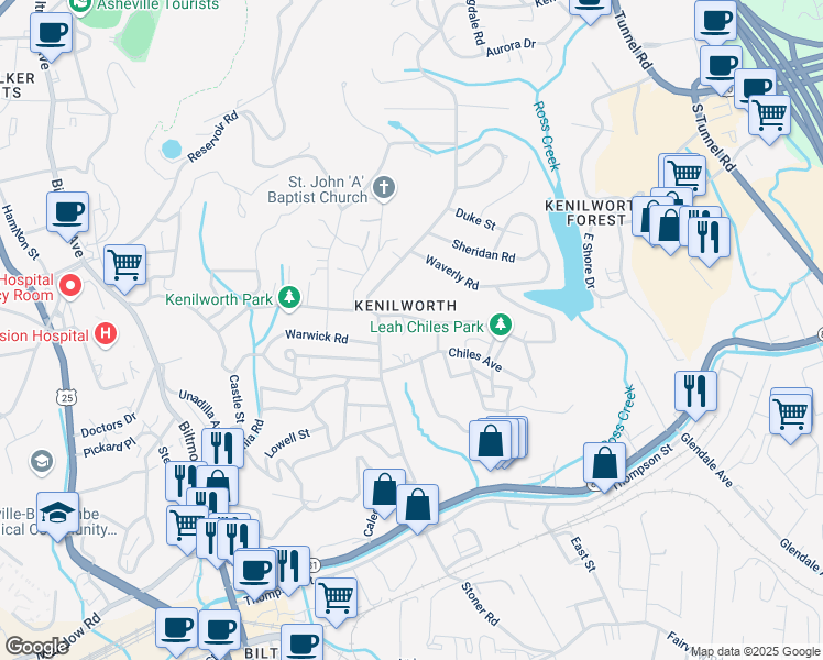 map of restaurants, bars, coffee shops, grocery stores, and more near 33 Lakewood Drive in Asheville