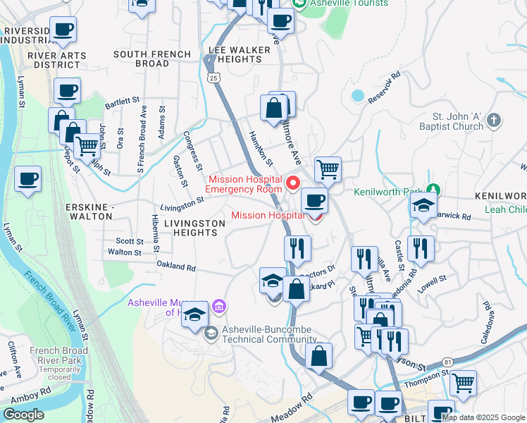 map of restaurants, bars, coffee shops, grocery stores, and more near 91 Victoria Road in Asheville