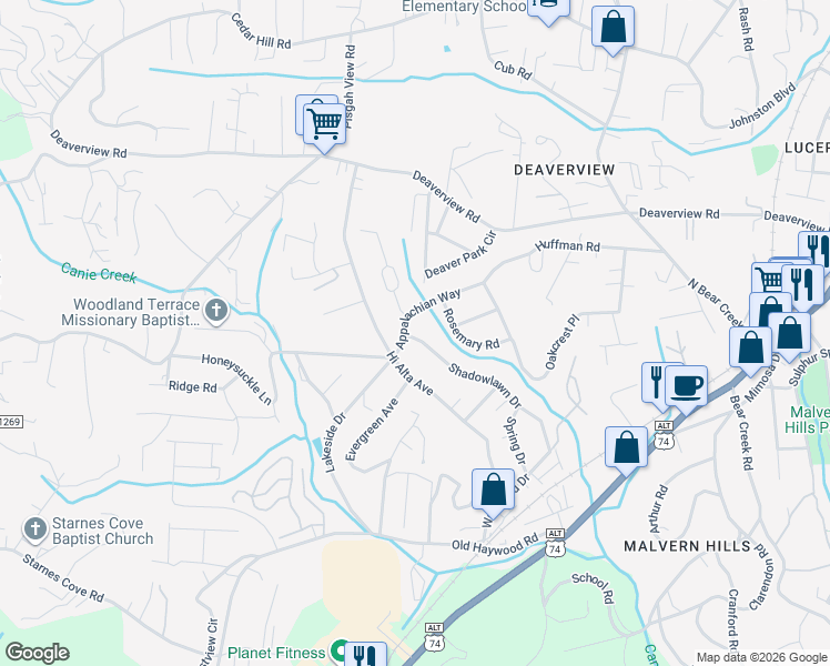 map of restaurants, bars, coffee shops, grocery stores, and more near 143 Shadowlawn Drive in Asheville