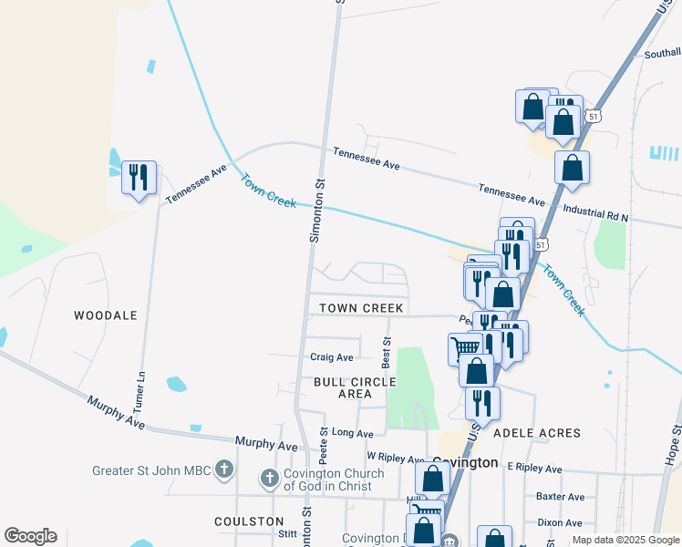 map of restaurants, bars, coffee shops, grocery stores, and more near 1150 Simonton Street in Covington