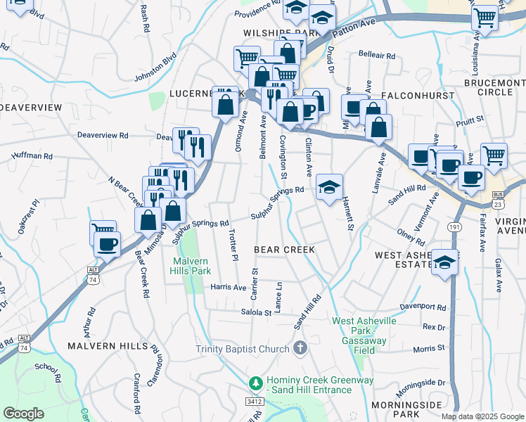 map of restaurants, bars, coffee shops, grocery stores, and more near 237 Sulphur Springs Road in Asheville