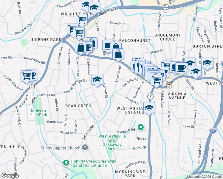 map of restaurants, bars, coffee shops, grocery stores, and more near 115 Sand Hill Road in Asheville