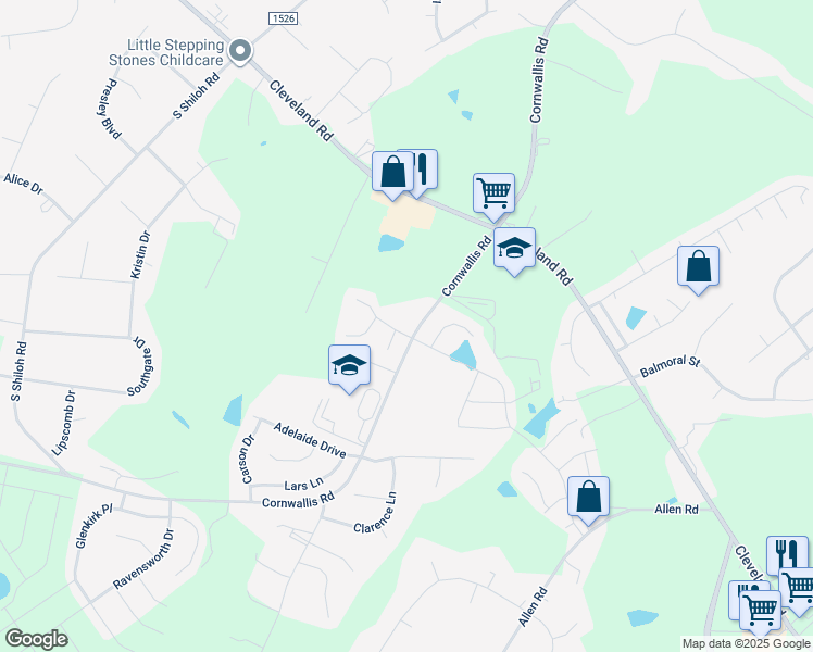 map of restaurants, bars, coffee shops, grocery stores, and more near 20 Montana Drive in Garner