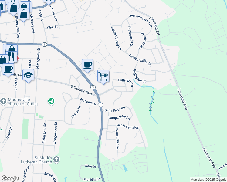 map of restaurants, bars, coffee shops, grocery stores, and more near 104 South Cromwell Drive in Mooresville