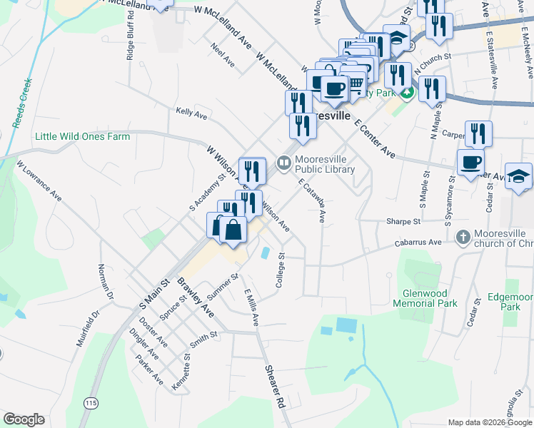map of restaurants, bars, coffee shops, grocery stores, and more near 402 South Church Street in Mooresville