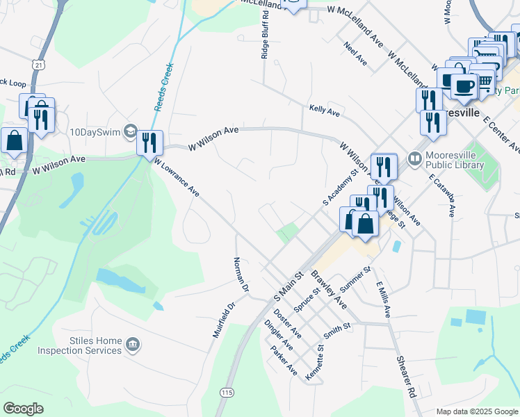 map of restaurants, bars, coffee shops, grocery stores, and more near 549 Pitt Street in Mooresville